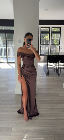 ESPRESSO OFF SHOULDER MAXI DRESS