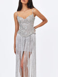 Olisa Silver Beaded Peplum Tassel Maxi Dress