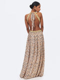 Quinnlyn Beige Cheetah Print Chiffon Halter Maxi Dress
