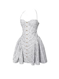 MELODY BLACK AND WHITE PLAID TWEED HALTER DROP WAIST MINI DRESS
