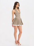 Hazel Brown Preppy Halter Neck Pleated Mini Dress