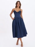 Ailani Navy Taffeta Smocked Midi Dress