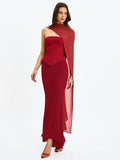 Giselle Crimson Peplum Mermaid Gown with Chiffon Scarf