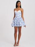 Taleah Blue Floral Print Linen Mini Dress with Lace Trim