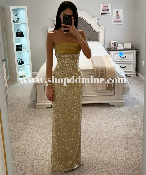LAINEY GOLD SATIN SEQUIN PEARL BEADED MAXI DRESS – SHOP DDMINE