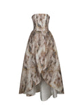 Micaela Camel Watercolor Jacquard Chiffon Dipped Hem Gown