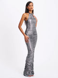 RUCHED SILVER GLITTER BACKLESS GOWN