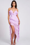 ROBE LONGUE À VOLANTS EN RAYONNE LILAS THEODORA