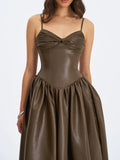 Parisia Cocoa Vegan Leather Drop Waist Maxi Dress