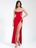 XOANA RED CRYSTAL EMBELLISHED HIGH SLIT GOWN