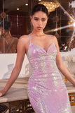 IRIDESCENT LIQUID SEQUIN FITTED GOWN