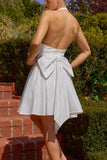 GLITTER HALTER WHITE BOW BACK MINI DRESS - PREORDER