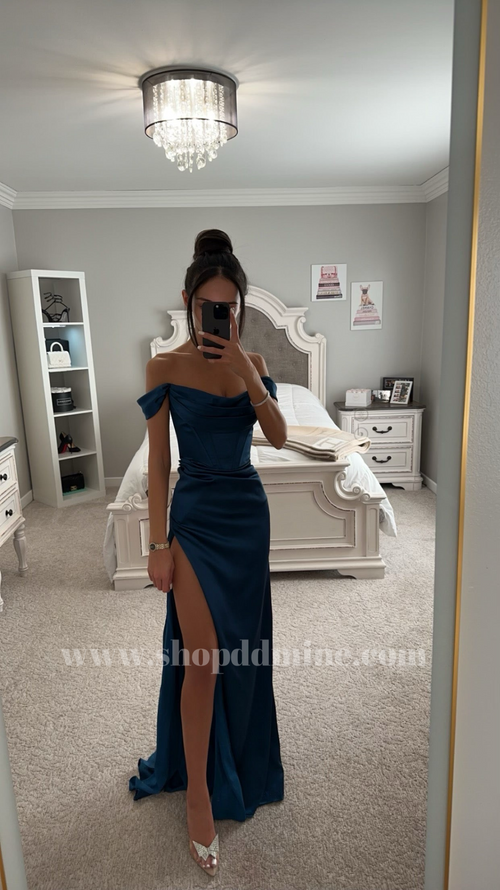 FRENCH NAVY SATIN OFF SHOULDER MAXI DRESS – SHOP DDMINE