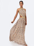 Quinnlyn Beige Cheetah Print Chiffon Halter Maxi Dress