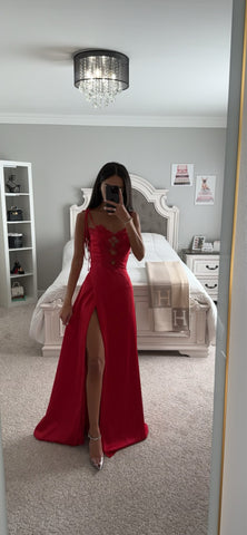 Ruby Red Lace Up High Slit Satin Dress As Shown / XXS Ruby Red Lace Up High Slit Satin Dress As Shown / XXS