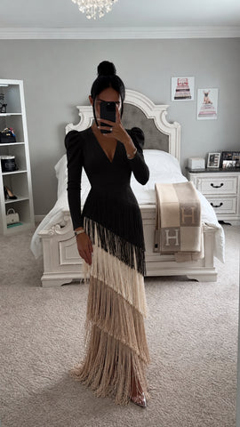 Fringed V-Neck Puff Sleeve Maxi Dress