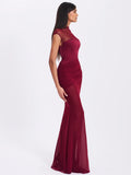 Burgundy mesh cap sleeve mermaid gown