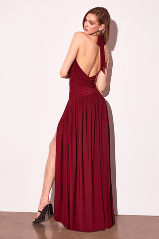 RUCHED HALTER DROP WAIST MAXI DRESS Small / Red RUCHED HALTER DROP WAIST MAXI DRESS Small / Red