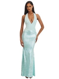Wendale Mint Sequin Plunging Mermaid Maxi Dress