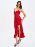 Dahlina Red Ruched Waist High Slit Maxi Dress