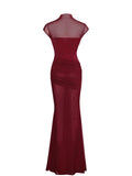 Burgundy mesh cap sleeve mermaid gown