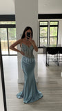 STRAPLESS BEADED BODICE AND SATIN SKIRT FITTED GOWN