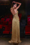 A-LINE FRINGE GOWN WITH EMBELLISHED HALTER BODICE