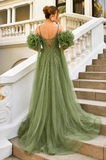 FITTED BEADED GOWN WITH RUFFLE TULLE CAPE
