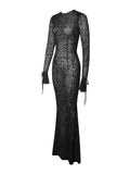 WAYLYNN BLACK VELVET DETAIL MESH BACKLESS MAXI DRESS