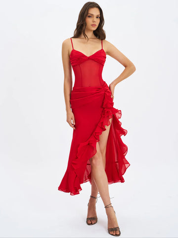 Miss Circle Women Dahlina Red Ruched Waist High Slit Midi Dress Miss Circle Women Dahlina Red Ruched Waist High Slit Midi Dress