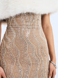 Averie White Fur Off-Shoulder Beige Sequin Mini Dress