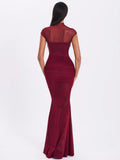 Burgundy mesh cap sleeve mermaid gown