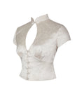 Galilea Ivory Floral Jacquard Keyhole Mandarin Collar Top