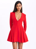 RED BLAZER PLEATED BUTTON UP LONG SLEEVE MINI DRESS