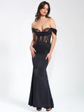 CALLISTA BLACK SATIN LACE CORSET MAXI DRESS
