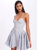 MELODY BLACK AND WHITE PLAID TWEED HALTER DROP WAIST MINI DRESS