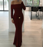 OFF SHOULDER LONG SLEEVE STRETCHY MAXI DRESS