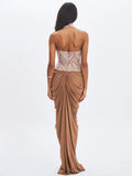 Nancie Apricot Beaded Halter Peplum Ruched Maxi Dress