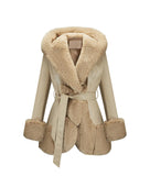 BEIGE PLUSH LEATHER BELTED JACKET