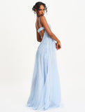 Wallie Blue Rhinestone Embellished Mesh Gown