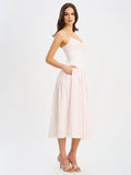 Zania Pink Stripe Ruched Breast Cotton Midi Dress