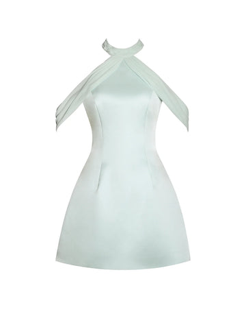 women's cyan off the shoulder dress Light Cyan Halter Off-shoulder Backless Mini Dress XS