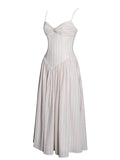 Zania Pink Stripe Ruched Breast Cotton Midi Dress