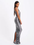 RUCHED SILVER GLITTER BACKLESS GOWN