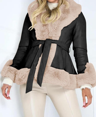 BLACK & WHITE PLUSH BELTED JACKET