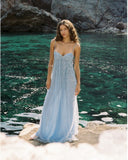 Wallie Blue Rhinestone Embellished Mesh Gown