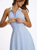 Winslet Sky Blue Striped Cotton Poplin Halter Maxi Dress