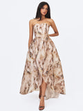 Micaela Camel Watercolor Jacquard Chiffon Dipped Hem Gown