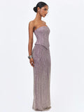Tosca Beaded Purple Gradient Strapless Peplum Maxi Dress