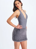 Daisy Grey Drop Waist Fur Trim Halter Mini Dress
